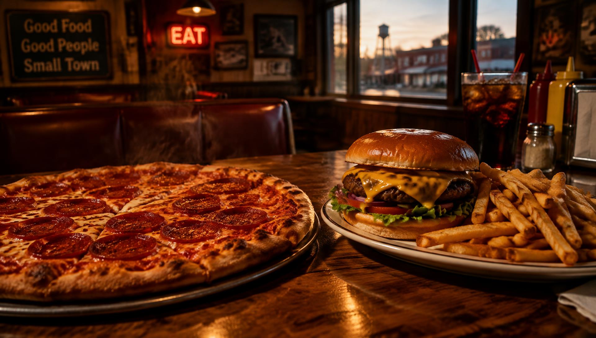 Pepperoni pizza and cheeseburger at James Buchanan Restaurant